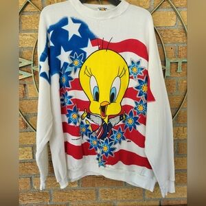 Vintage 1995 Tweety Bird Looney Tunes by Freeze USA Patriotic Sweatshirt XL USA
